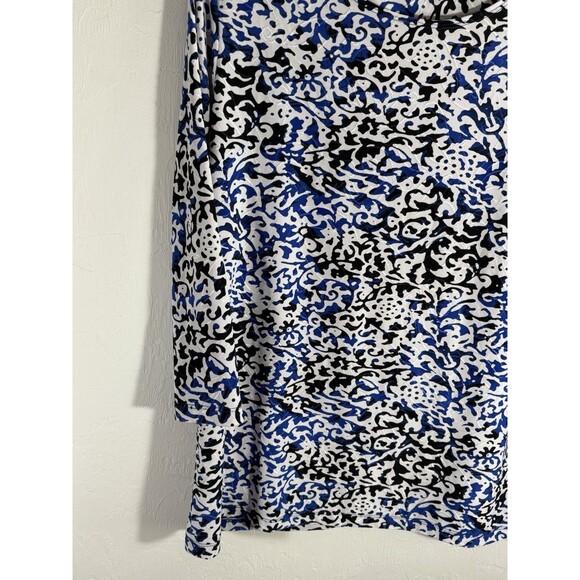 My Collections White Royal Blue Black Stretch 3/4 Sleeve Blouse Woman’s Large - Picture 7 of 8